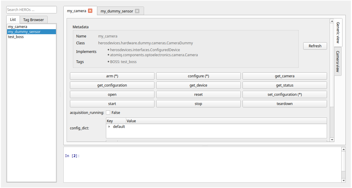 HERO Monitor main interface showing CameraDummy
