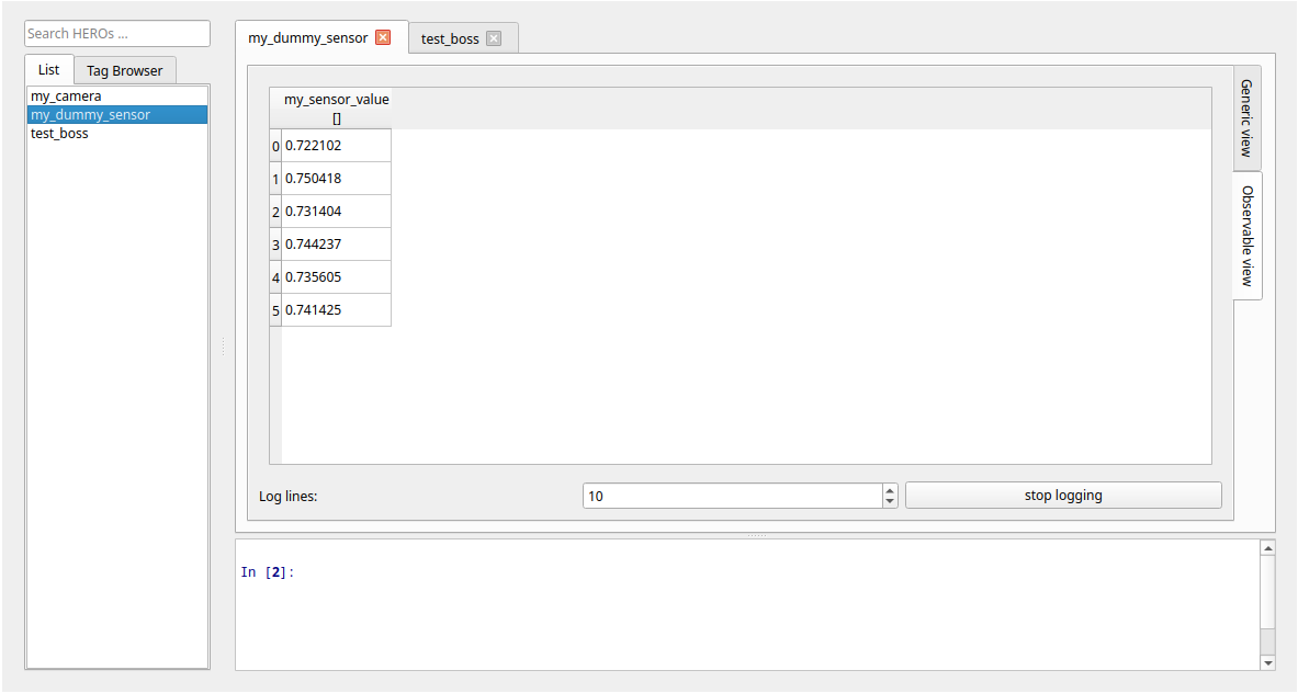HERO Monitor Observable View showing live feed from DummySensor